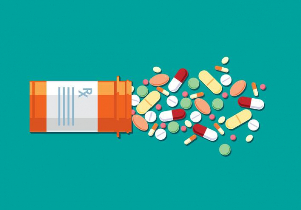 Illustration of a prescription medicine bottle with colorful pills spilling out onto a teal green background